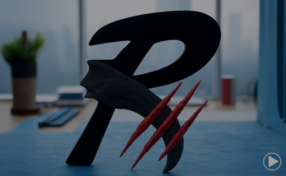 Stylized R logo with claw marks on a blurred background