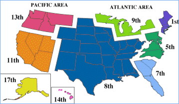 Image of a map that shows the boundries of the US Coast Guard Districts