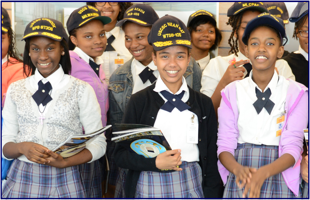 Coast Guard personnel, students, and educators posing at various Partnership In Education locations