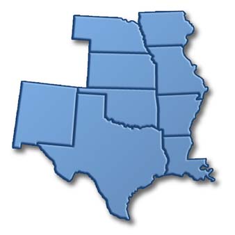 Region 1 (roughly Texas, New Mexico, Louisiana, Arkansas, Oklahoma, Missouri, Kansas, Nebraska, and Iowa)
