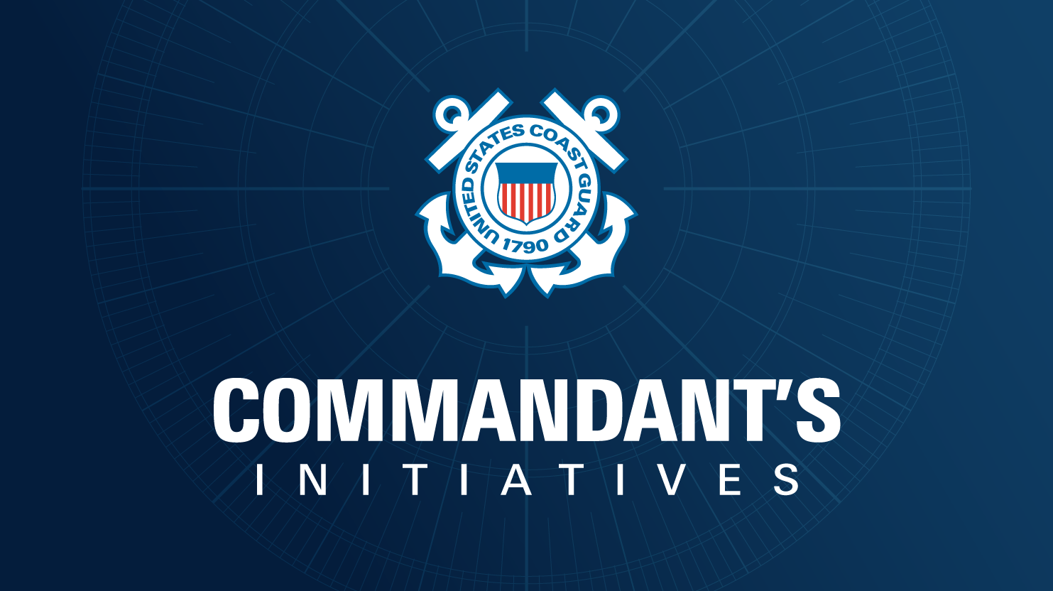 USCG crest above the words Commandant's Initiatives on a nav chart background