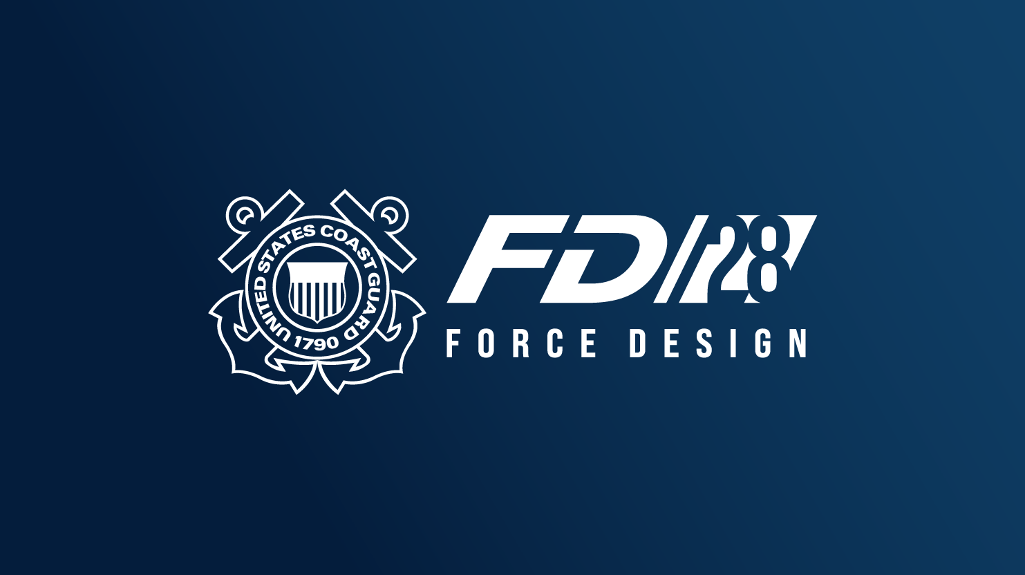 USCG crest next to FD/28 Force Design logotype on a dark blue gradient