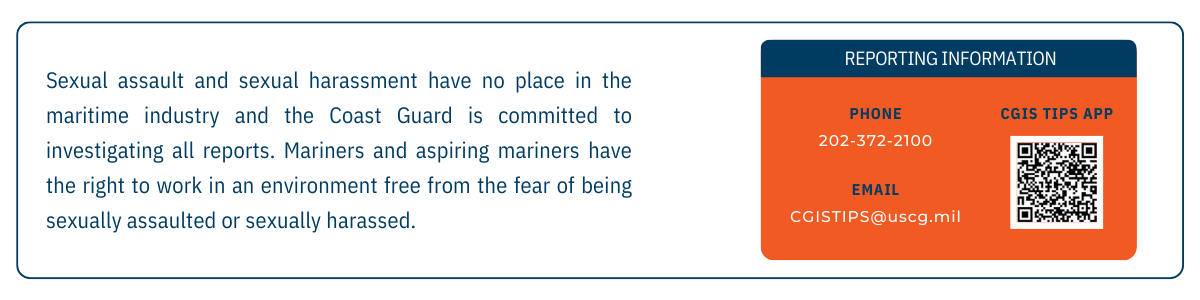 Graphic with information on sexual assault and sexual harassment having no place in the maritime industry - contact information included 