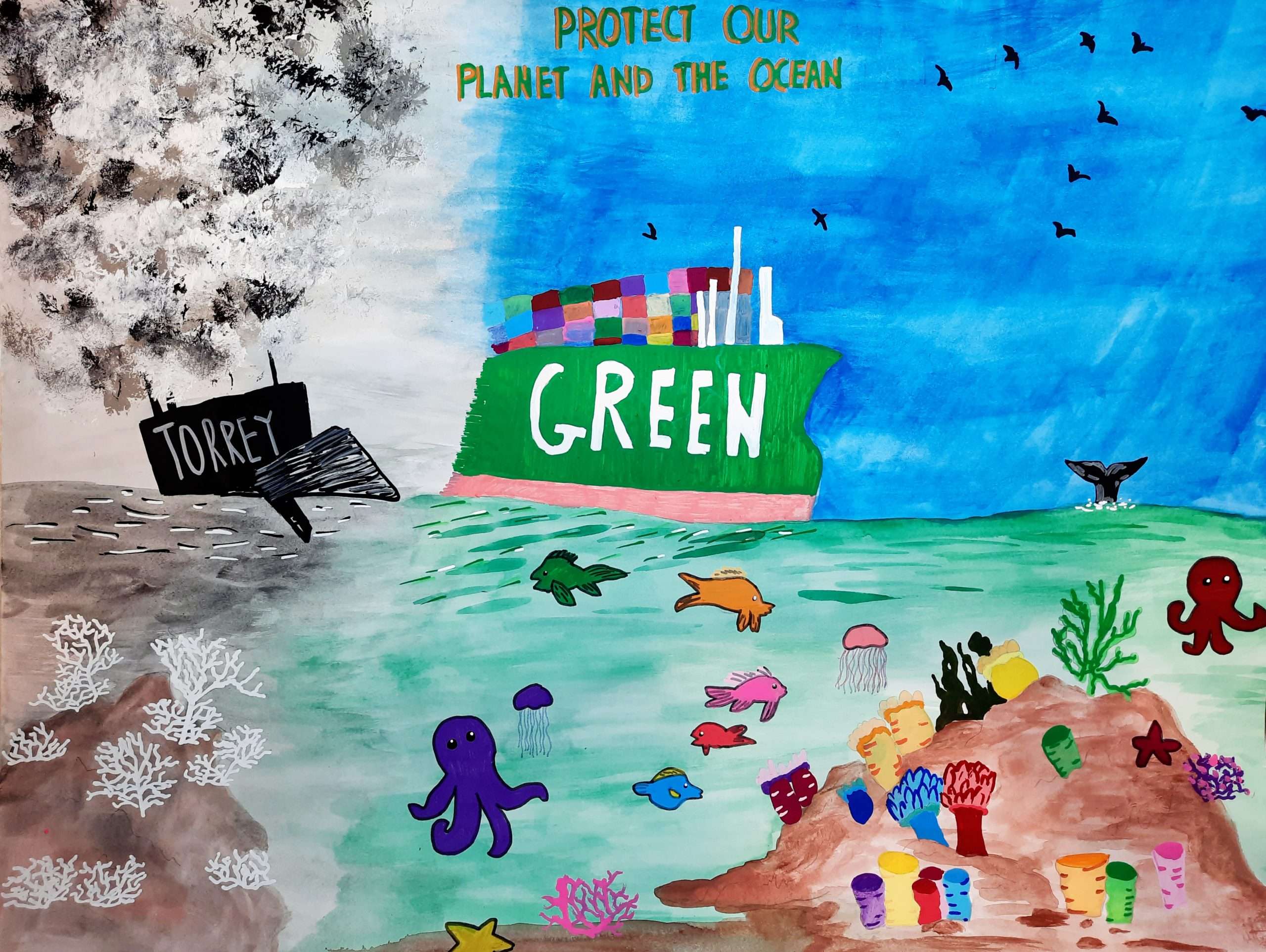 The drawing is split into two vertical halves. On the left side is a barren sea floor with a sunk ship with the text "Torrey" on it and black smoke clouds. On the right side is a lush and colorful ocean with sea creatures and plants. A ship with the text "Green" is on the surface. Text at the top of the drawing says "Protect our Planet and the Ocean."
