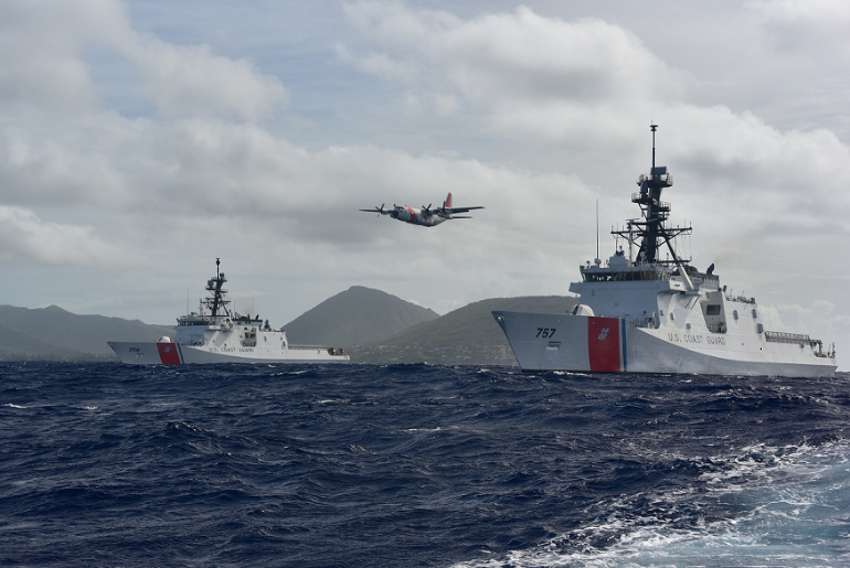 Coast Guard Cutter Midgett (WMSL 757), right, meets Coast Guard Cutter Kimball (WMSL 756) 