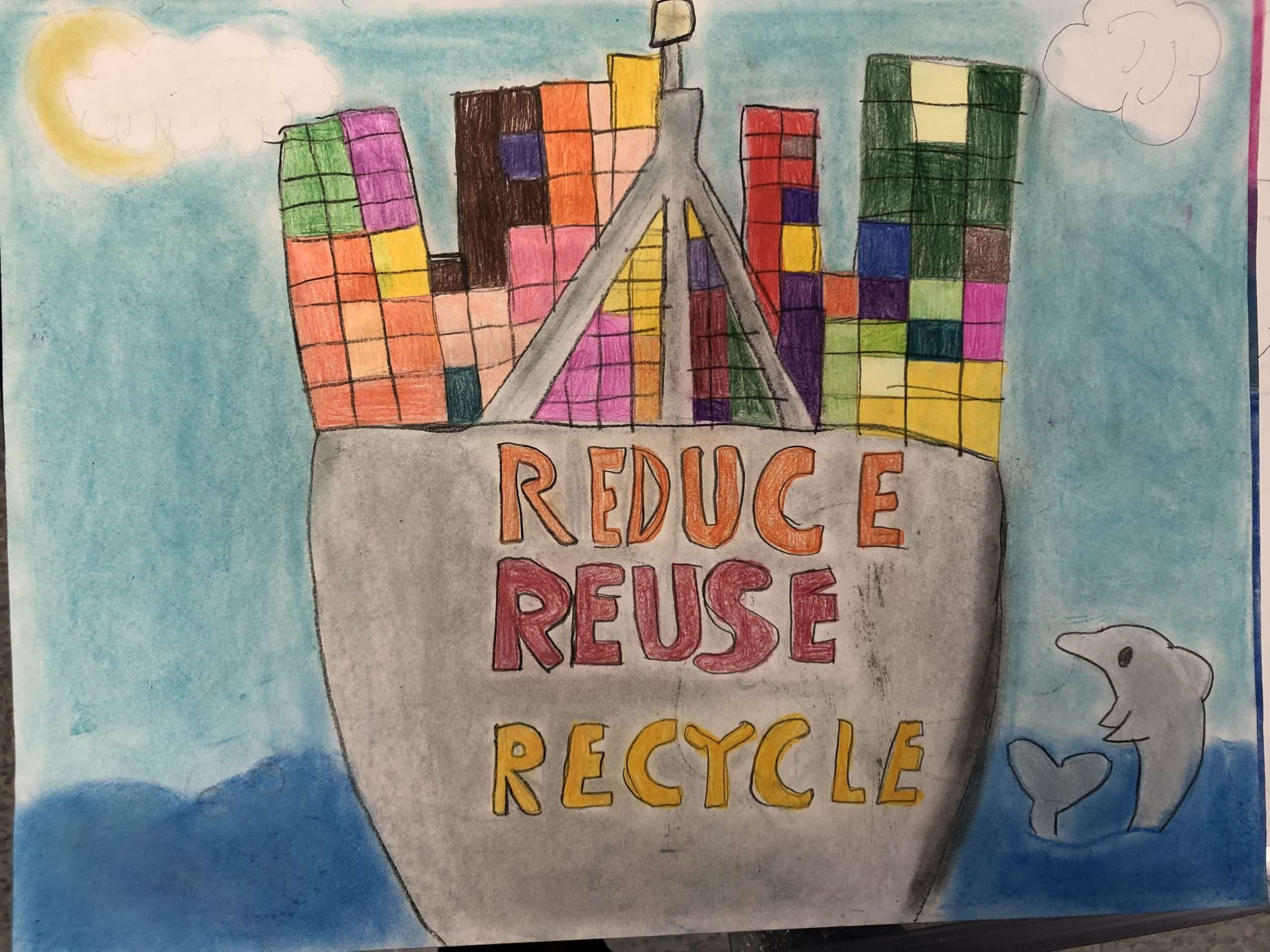 Drawing of the back of a gray ship on the ocean holding several shipping containers. Text on the ship reads "Reduce Reuse Recycle." There is a dolphin jumping out of the water on the right side of the ship.