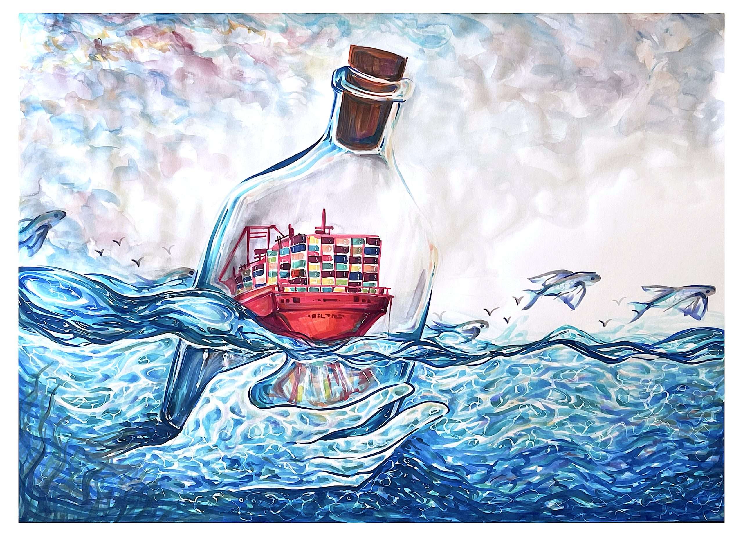 Drawing of a glass bottle with a cork on top. Inside the glass bottle is a red ship with several shipping containers. The glass bottle is half submerged in the ocean and half out of the ocean. Within the submerged part is an ocean colored hand holding the bottom of the bottle. There are two flying fishing jumping out of the water on the right side.