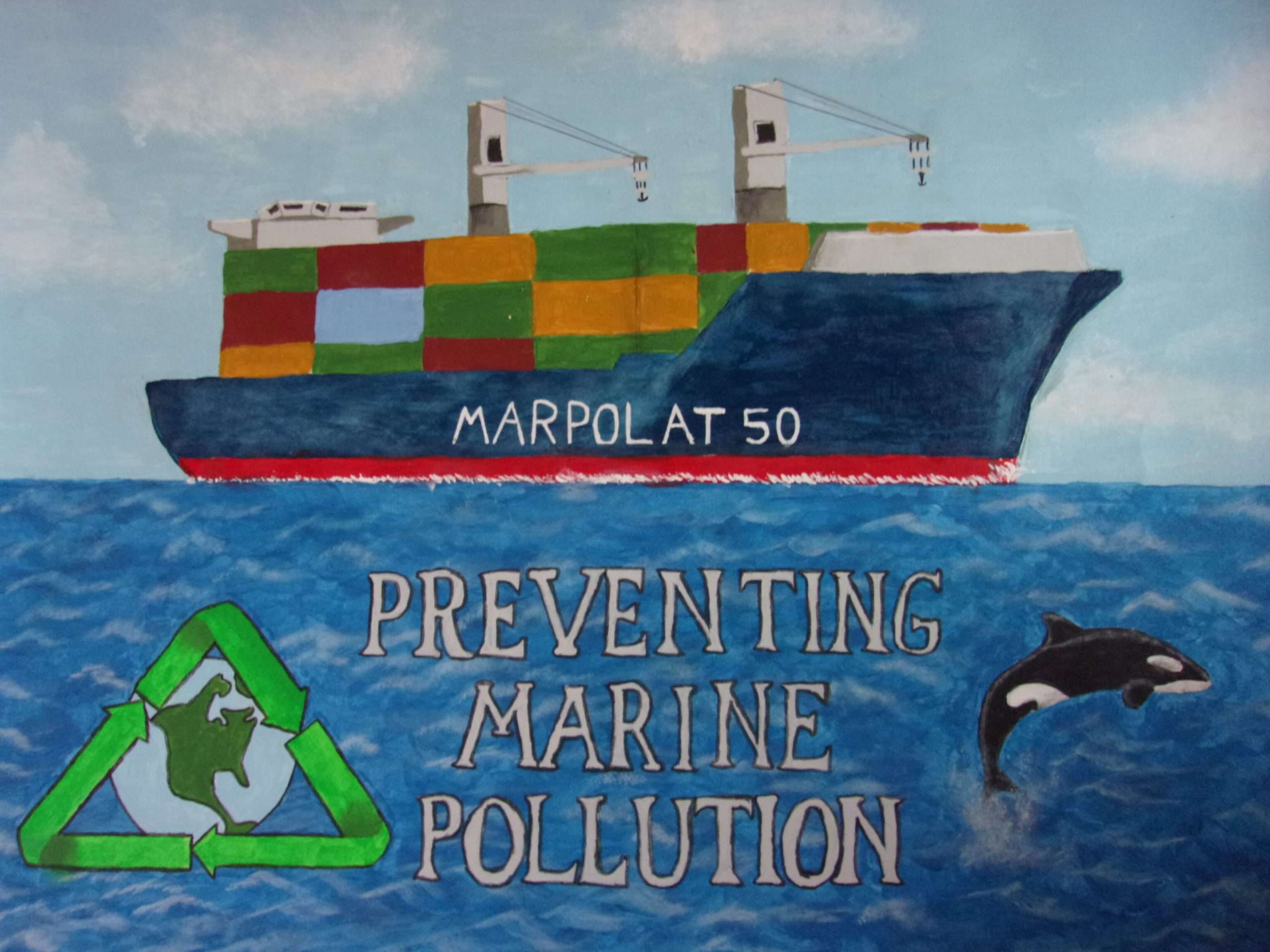 A large ship with cranes and shipping containers on top of the ocean. Within the blue part of the ocean is a green recycling logo, the text "Preventing Marine Pollution, and an Orca jumping out of the water. There is text on the ship that reads "MARPOL at 50"