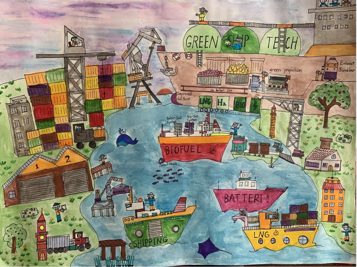 Art depicting a drawing with vibrant colors of several ships in the water with buildings and port containers along the bank of the water, along with a larger ship with the words green ship tech.