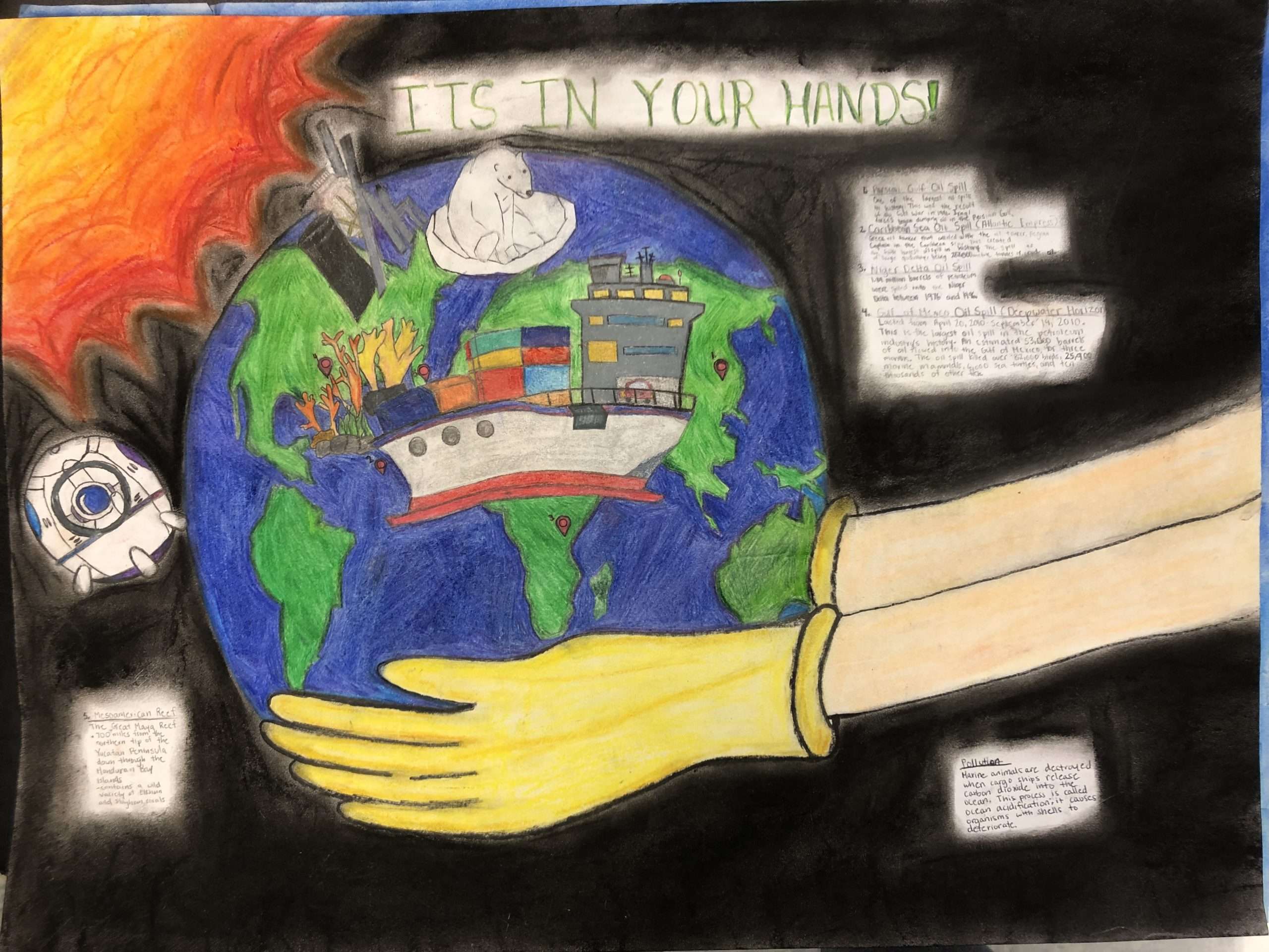 Drawing of the earth in outer space with a black background and half the sun in the top left corner. There is a satellite below the sun and to the left of the earth. Two hands with gloves are extending from the right side of the drawing cupping the earth. On the earth is a ship and a polar bear. There is text on the top that reads "It's in your hands!"