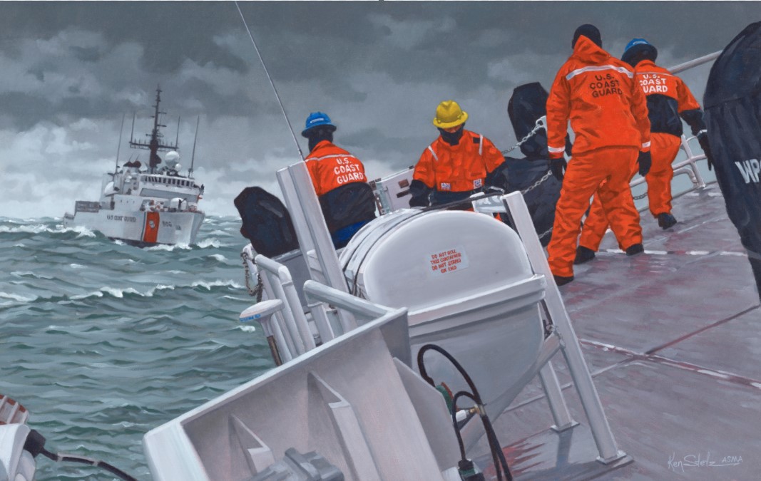 Coast Guard Cutters Angela McShan and Seneca conduct joint search and rescue drills. Crew members aboard the Angela McShan brace against heavy rolls as the Seneca makes its approach during a simulated disabled vessel drill. Cutter Angela McShan stands dead in the water during the drill, simulating the challenging rescues these cutters are called to address. Coast Guard Art Collection 202428 by Ken Stetz