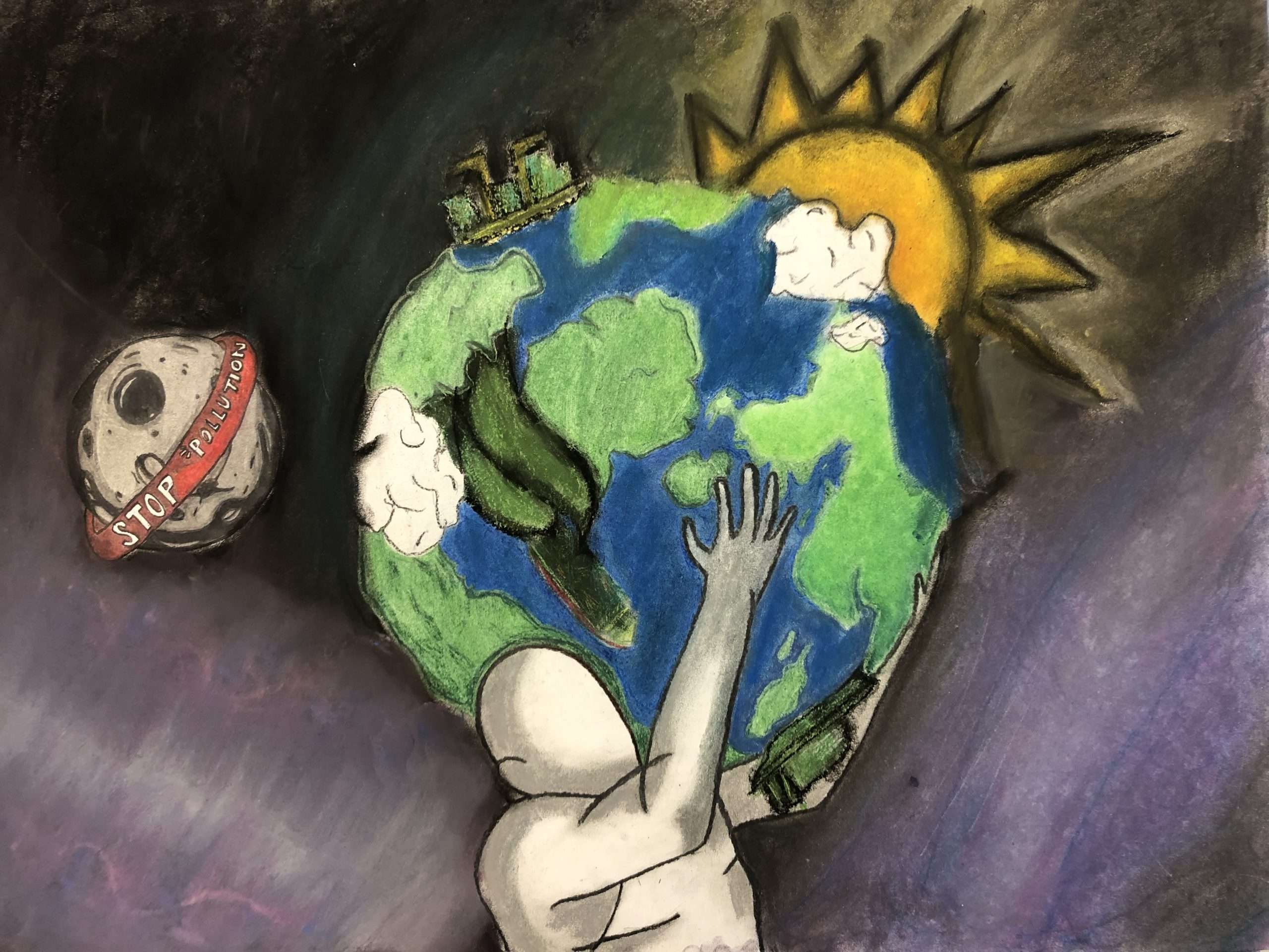 Drawing of the earth in outer space. The sun is behind the earth. The earth is being held up by a featureless individual on their shoulders. The moon is to the left with the text "Stop Pollution" in a ribbon around it.