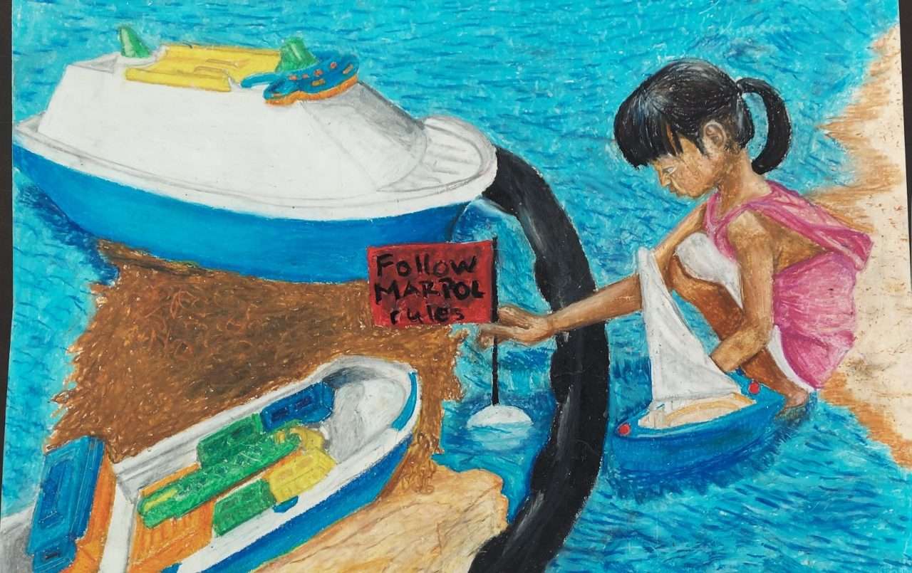 Drawing of a girl leaning on the edge of the beach with three toy boats and she is placing a flag that reads "Follow MARPOL rules" into the ocean.