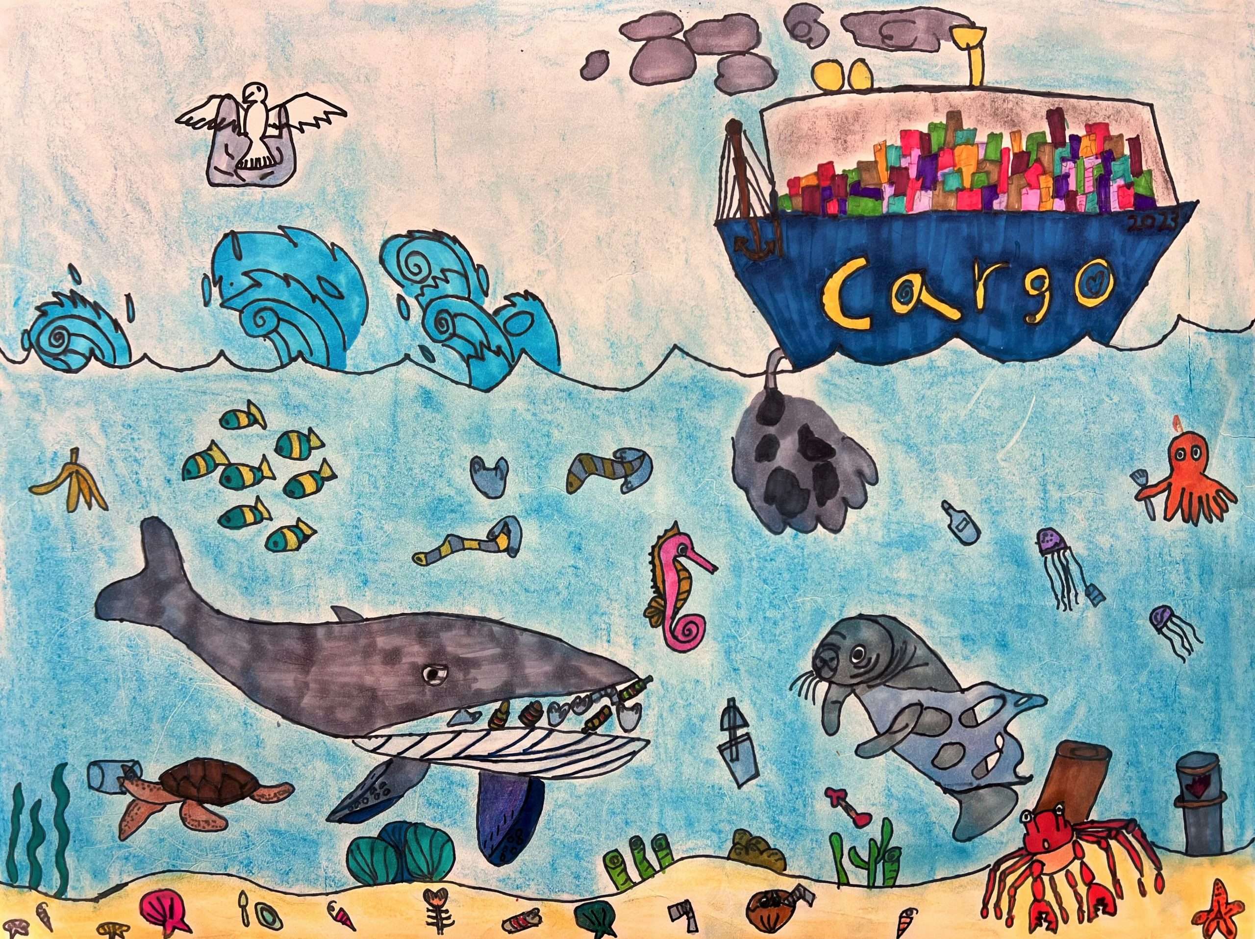 Drawing of a ship on the ocean with shipping containers. The side of the ship reads "Cargo." Underneath the ship is a collection of sea creatures that are struggling with polluted items in the ocean.