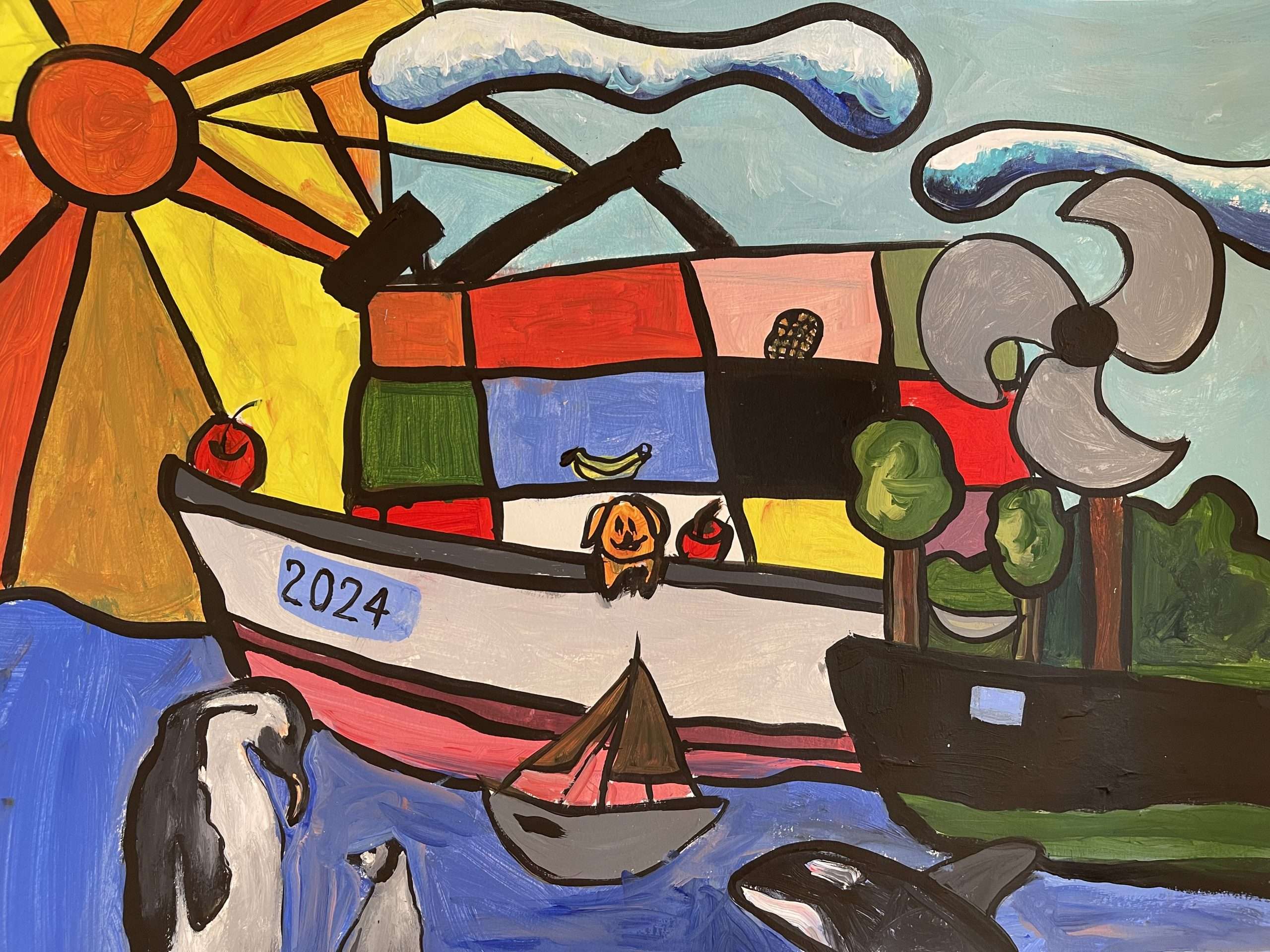 Drawing of a ship docked on the shore and a sailboat. There are penguins and an orca in the water. The text "2024" is on the side of the ship as a dog and fruit are also on the ship.